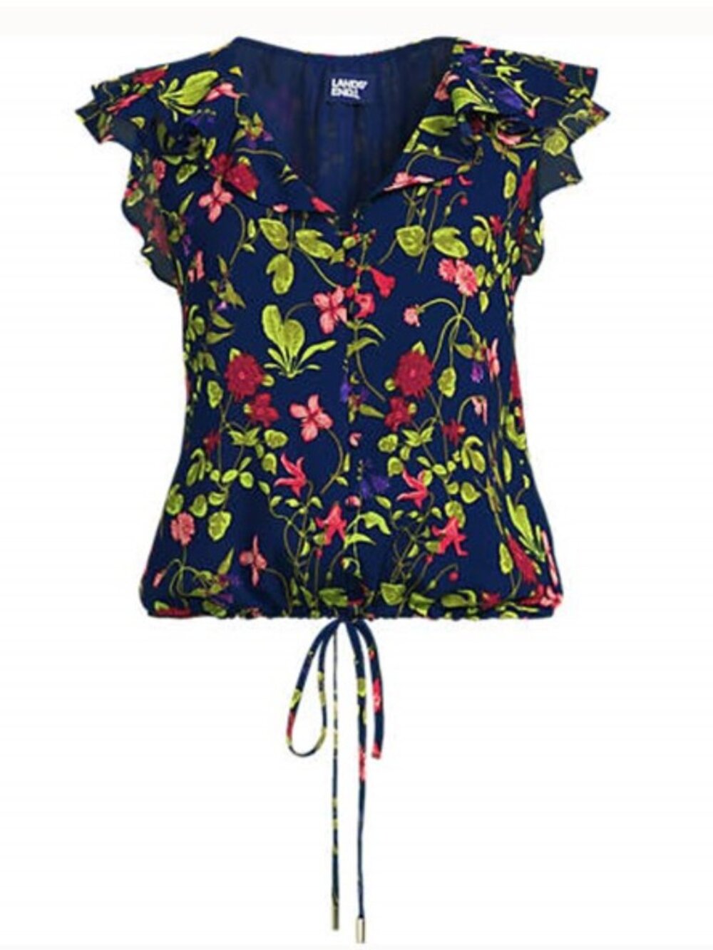 Lands' End Medium Chiffon Ruffle Sleeve Bubble Hem Blouse - Navy Multi